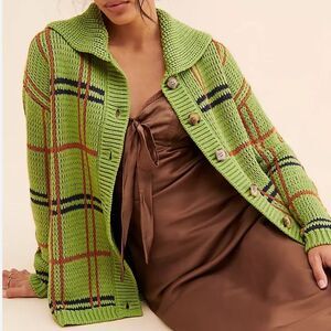 Green Plaid Button-Front Knit Cardigan